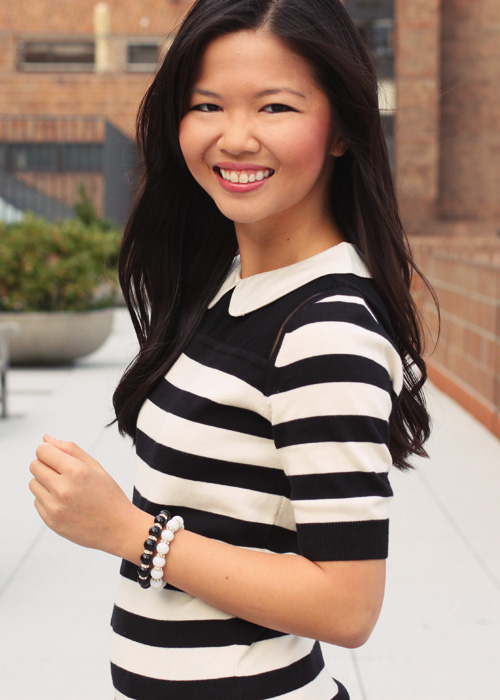 Jenny in Jacquard; NYC fashion blogger; style blog; outfit photos; black and white; Forever 21 exclusive design black and white collar sweater; Zara black a-line dress; Pour la Victoire Mai wedge pump in black patent; A Beautiful Heart bubblegum glass bead bracelets; Jason Wu x Target lace clutch