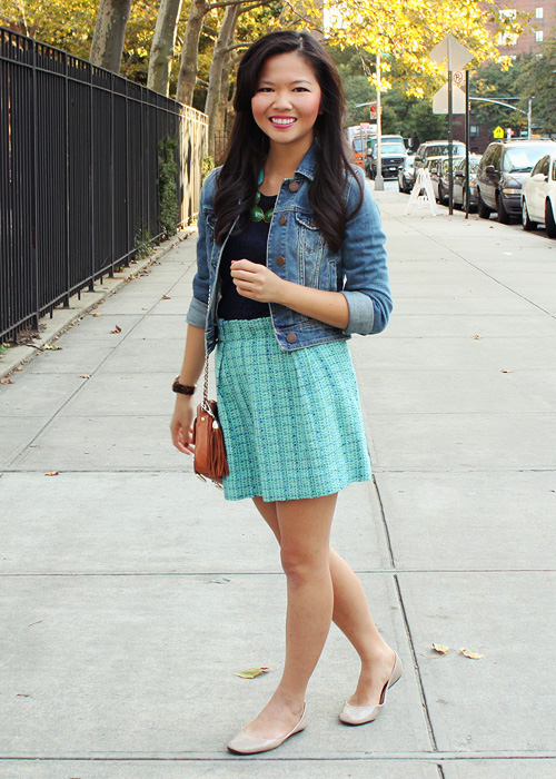 Jenny in Jacquard; NYC fashion blogger; style blog; outfit photos; American Eagle denim jacket; J.Crew navy lace shirt; J.Crew turquoise mint tweed skirt; David Aubrey blue and green necklace; Michael Kors tortoise bf watch; Rebecca Minkoff BF crossbody bag; Steve Madden blush Heaven flats