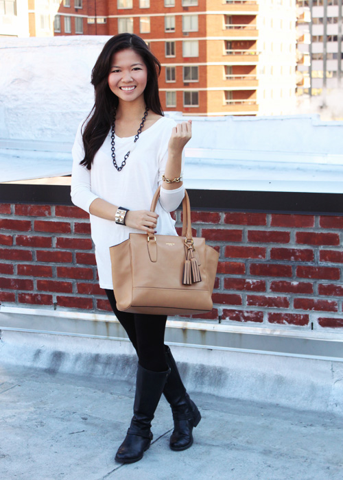 Jenny in Jacquard; NYC fashion blogger; style blog; outfit photos; fall outfit; Zara cream long sleeve tunic; Uniqlo HeatTech black leggings; Spike the Punch Madelyn black chain quartz stone necklace; Joe Fresh cuff; Coach Candace carryall tote bag in camel; Steve Madden black riding boots