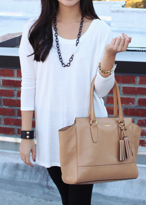 Jenny in Jacquard; NYC fashion blogger; style blog; outfit photos; fall outfit; Zara cream long sleeve tunic; Uniqlo HeatTech black leggings; Spike the Punch Madelyn black chain quartz stone necklace; Joe Fresh cuff; Coach Candace carryall tote bag in camel; Steve Madden black riding boots