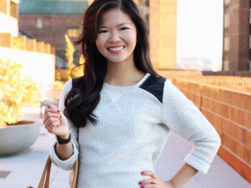 Jenny in Jacquard; NYC fashion blogger; style blog; outfit photos; how to wear oversized sweaters; Zara TRF leather shoulder panel gray sweater; Uniqlo HeatTech black leggings; Diane von Furstenberg DVF Bordeaux Yardley boots; Coach Candace carryall tote in camel; Michael Kors boyfriend tortoise watch