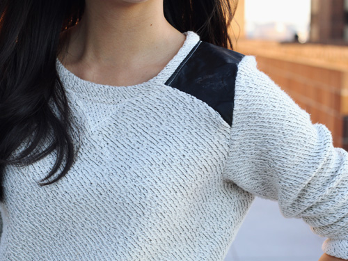 Jenny in Jacquard; NYC fashion blogger; style blog; outfit photos; how to wear oversized sweaters; Zara TRF leather shoulder panel gray sweater; Uniqlo HeatTech black leggings; Diane von Furstenberg DVF Bordeaux Yardley boots; Coach Candace carryall tote in camel; Michael Kors boyfriend tortoise watch