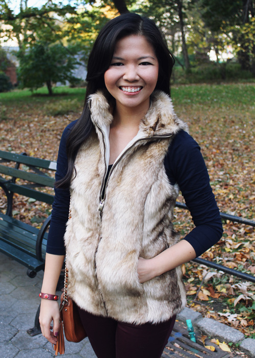 Jenny in Jacquard; NYC fashion blogger; style blog; outfit photos; Joe Fresh navy long sleeve t-shirt; Zara Girl tan fur vest; Zara oxblood maroon burgundy skinny jeans; Rebecca Minkoff cognac brown BF crossbody bag; Starbucks holiday cup; Zara black leather flat