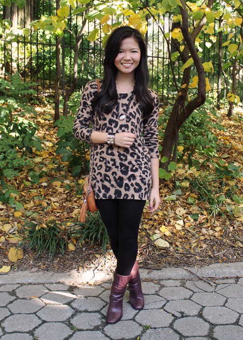 Jenny in Jacquard; NYC fashion blogger; style blog; outfit photos; fall fashion; Old Navy leopard sweater dress; Uniqlo HeatTech black leggings; Spike the Punch Madelyn black chain necklace; Diane von Furstenburg DVF Yardley maroon burgundy oxblood boots; Rebecca Minkoff cognac brown BF crossbody bag; Joe Fresh black gold Hermes-inspired cuff