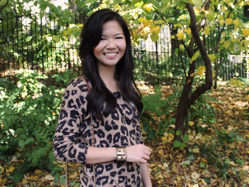 Jenny in Jacquard; NYC fashion blogger; style blog; outfit photos; fall fashion; Old Navy leopard sweater dress; Uniqlo HeatTech black leggings; Spike the Punch Madelyn black chain necklace; Diane von Furstenburg DVF Yardley maroon burgundy oxblood boots; Rebecca Minkoff cognac brown BF crossbody bag; Joe Fresh black gold Hermes-inspired cuff