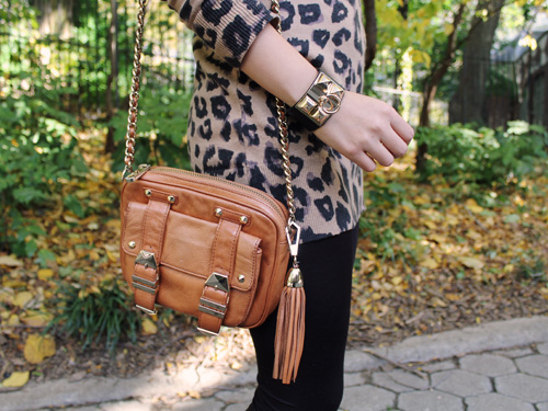 Jenny in Jacquard; NYC fashion blogger; style blog; outfit photos; fall fashion; Old Navy leopard sweater dress; Uniqlo HeatTech black leggings; Spike the Punch Madelyn black chain necklace; Diane von Furstenburg DVF Yardley maroon burgundy oxblood boots; Rebecca Minkoff cognac brown BF crossbody bag; Joe Fresh black gold Hermes-inspired cuff