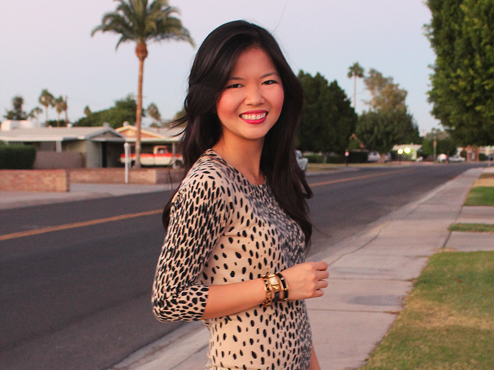 Jenny in Jacquard; NYC fashion blogger; style blog; outfit photos; J.Crew Factory Charley sweater in leopard; Uniqlo HeatTech black leggings; C.Wonder Signature Studs Calf Hair Skinny Cuff Bracelets; Juicy Couture Pave Friendship Bracelet; Steve Madden black patent flats