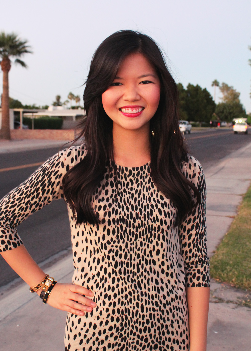 Jenny in Jacquard; NYC fashion blogger; style blog; outfit photos; J.Crew Factory Charley sweater in leopard; Uniqlo HeatTech black leggings; C.Wonder Signature Studs Calf Hair Skinny Cuff Bracelets; Juicy Couture Pave Friendship Bracelet; Steve Madden black patent flats
