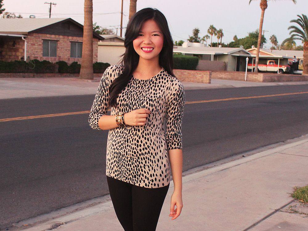 Jenny in Jacquard; NYC fashion blogger; style blog; outfit photos; J.Crew Factory Charley sweater in leopard; Uniqlo HeatTech black leggings; C.Wonder Signature Studs Calf Hair Skinny Cuff Bracelets; Juicy Couture Pave Friendship Bracelet; Steve Madden black patent flats