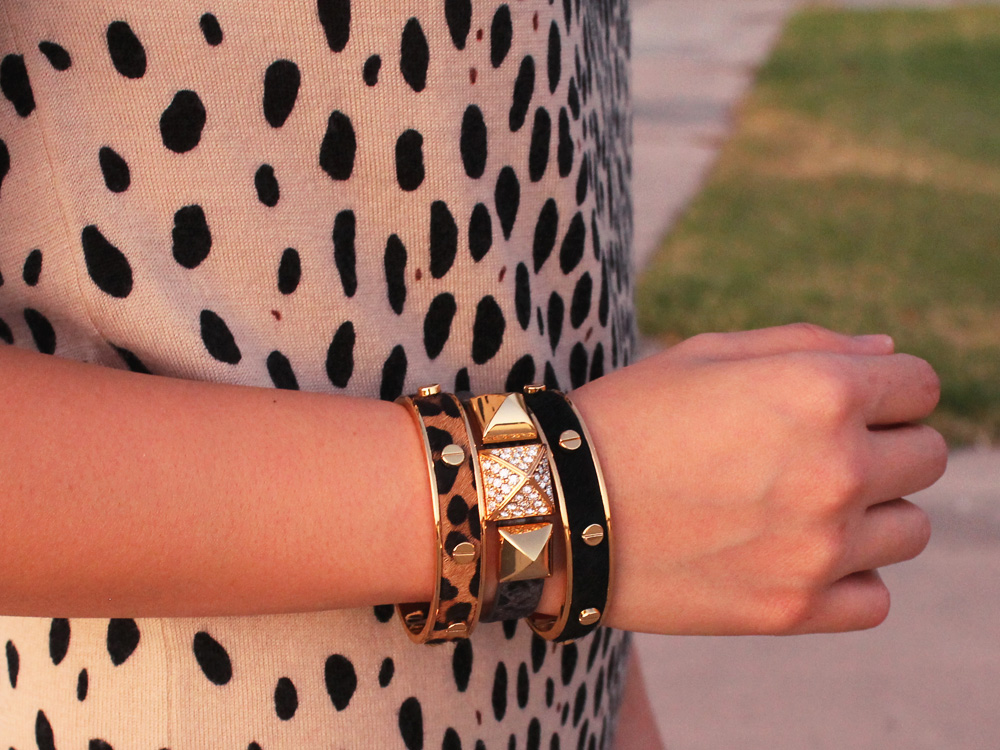 Jenny in Jacquard; NYC fashion blogger; style blog; outfit photos; J.Crew Factory Charley sweater in leopard; Uniqlo HeatTech black leggings; C.Wonder Signature Studs Calf Hair Skinny Cuff Bracelets; Juicy Couture Pave Friendship Bracelet; Steve Madden black patent flats