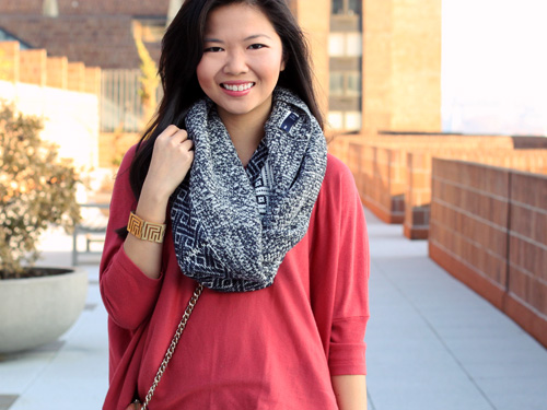 Jenny in Jacquard; NYC fashion blogger; style blog; outfit photos; H&M oversized coral sweater; Gap navy chunky infinity scarf; Uniqlo HeatTech black leggings; DVF Diane von Furstenberg Yardley boots in bordeux, Rebecca Minkoff BF crossbody bag in cognac; CC Skye Maize gold bracelet