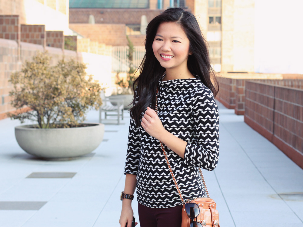 Jenny in Jacquard; NYC fashion blogger; style blog; outfit photos; how to swear oxblood; Joe Fresh black and white printed sweater; Zara oxblood ankle zip skinny jeans; Dolce & Gabanna cateye sunglasses; Rebecca Minkoff BF crossbody bag in cognac; Michael Kors tortoise gold boyfriend watch; Steve Madden patent leopard flats