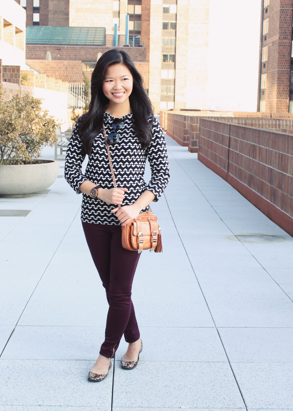 Jenny in Jacquard; NYC fashion blogger; style blog; outfit photos; how to swear oxblood; Joe Fresh black and white printed sweater; Zara oxblood ankle zip skinny jeans; Dolce & Gabanna cateye sunglasses; Rebecca Minkoff BF crossbody bag in cognac; Michael Kors tortoise gold boyfriend watch; Steve Madden patent leopard flats