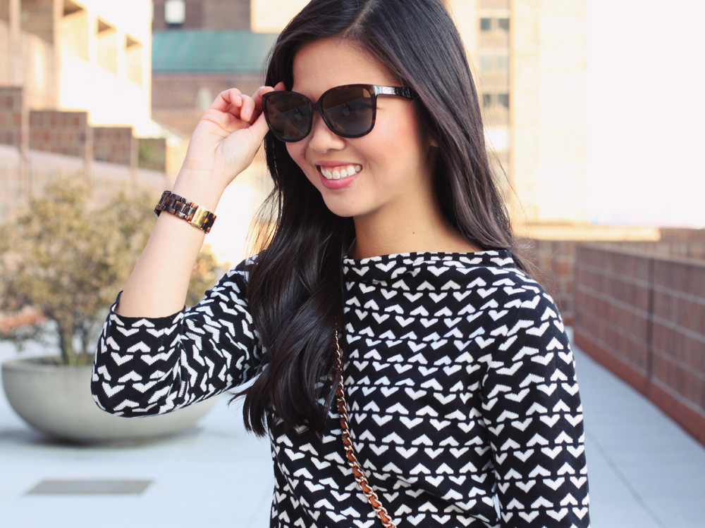 Jenny in Jacquard; NYC fashion blogger; style blog; outfit photos; how to swear oxblood; Joe Fresh black and white printed sweater; Zara oxblood ankle zip skinny jeans; Dolce & Gabanna cateye sunglasses; Rebecca Minkoff BF crossbody bag in cognac; Michael Kors tortoise gold boyfriend watch; Steve Madden patent leopard flats