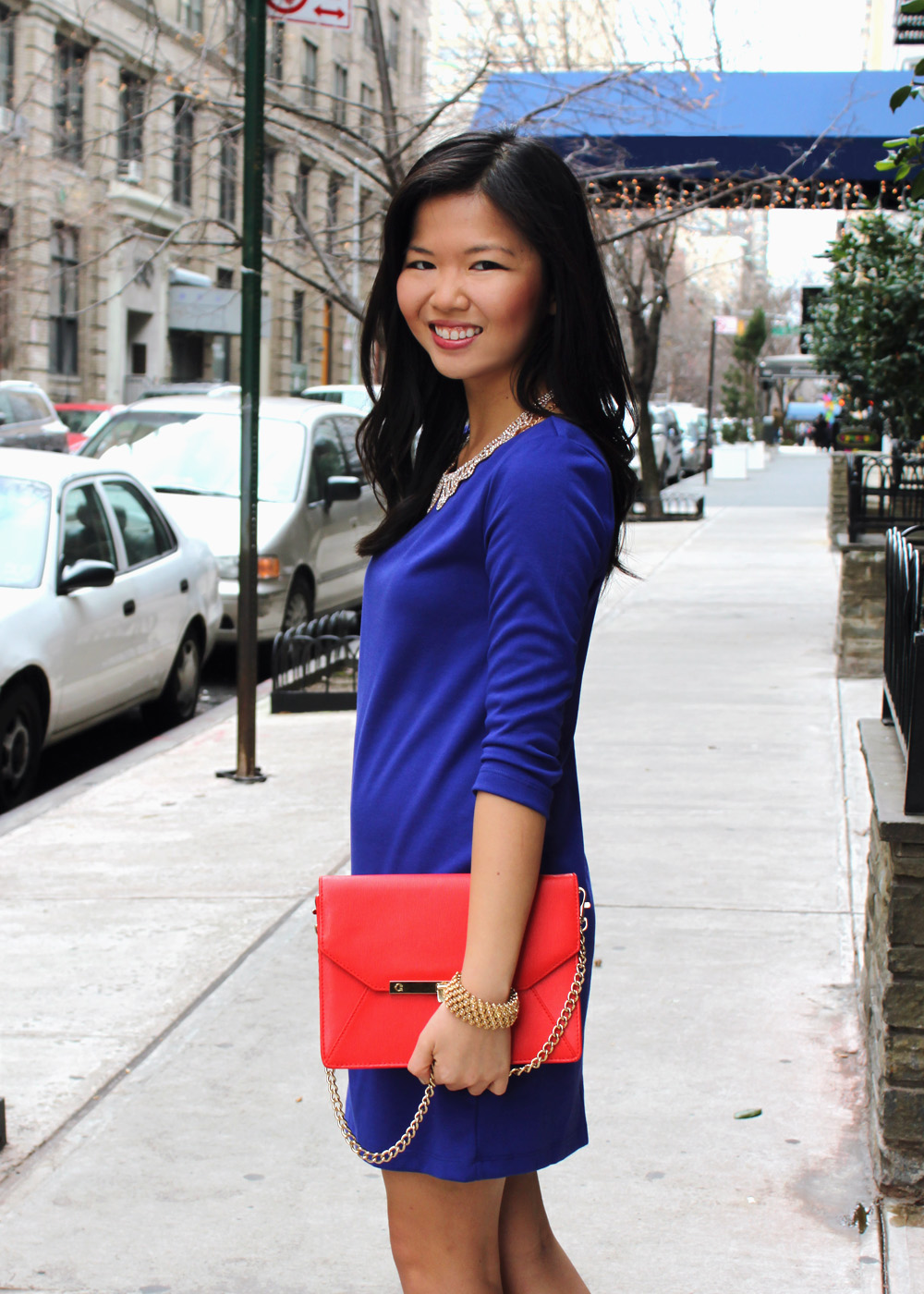 Jenny in Jacquard; NYC fashion blogger; style blog; outfit photos; H&M royal blue shift dress; JewelMint gold collar necklace; C.Wonder Saffiano leather turn-lock clutch; CC Skye maize gold geometric cuff; Banana Republic gold bracelet; Pour la Victoire Mai wedge