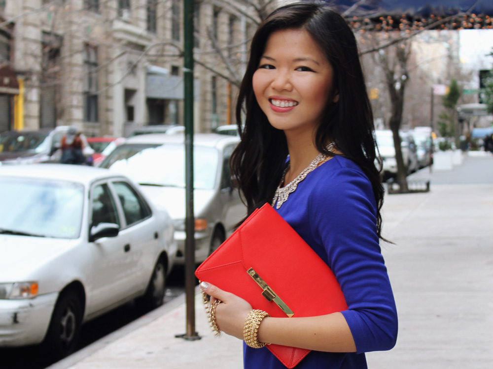 Jenny in Jacquard; NYC fashion blogger; style blog; outfit photos; H&M royal blue shift dress; JewelMint gold collar necklace; C.Wonder Saffiano leather turn-lock clutch; CC Skye maize gold geometric cuff; Banana Republic gold bracelet; Pour la Victoire Mai wedge