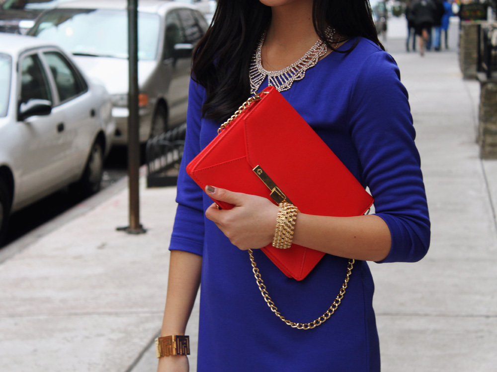 Jenny in Jacquard; NYC fashion blogger; style blog; outfit photos; H&M royal blue shift dress; JewelMint gold collar necklace; C.Wonder Saffiano leather turn-lock clutch; CC Skye maize gold geometric cuff; Banana Republic gold bracelet; Pour la Victoire Mai wedge