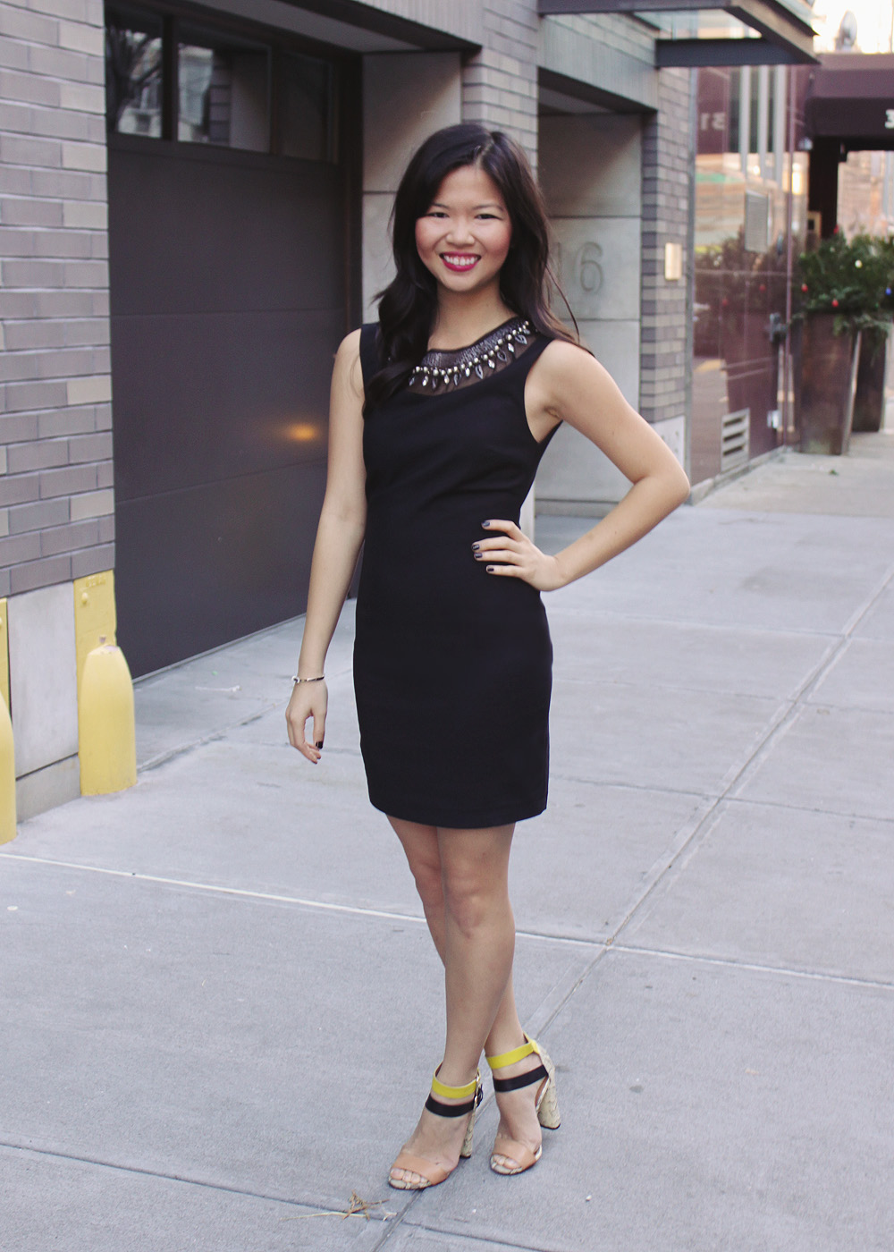 Jenny in Jacquard; NYC fashion blogger; style blog; outfit photo; Zara embellished jewelled collar dress; little black dress; Zara snake and neon strap heel with buckles; NYE 2013 outfit