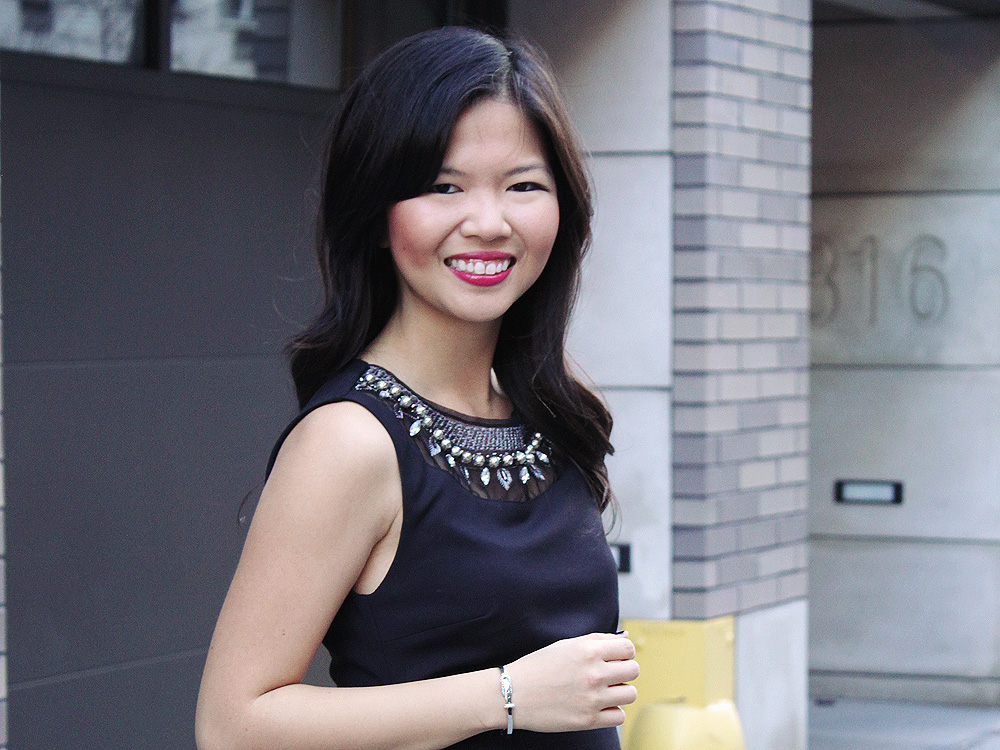 Jenny in Jacquard; NYC fashion blogger; style blog; outfit photo; Zara embellished jewelled collar dress; little black dress; Zara snake and neon strap heel with buckles; NYE 2013 outfit