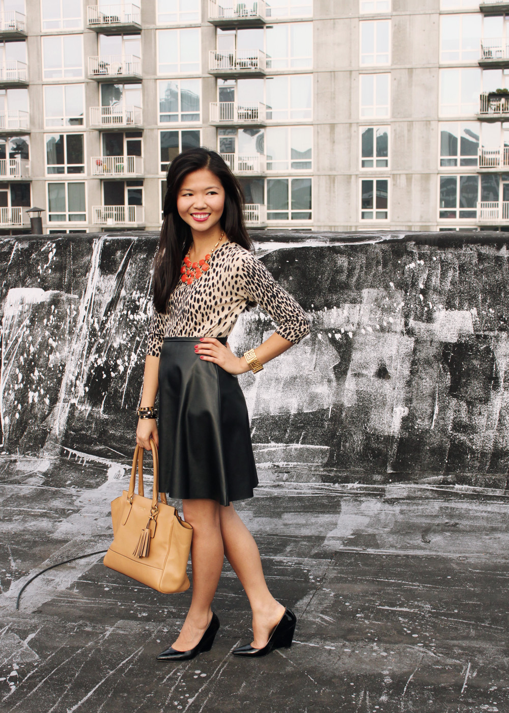 Jenny in Jacquard; NYC fashion blogger; style blog; outfit photo; J.Crew factory leopard Charley sweater; Stella; Kirna Zabete x Target a-line black leather skirt; Stella & Dot Olivia bib necklace; Coach Candace carryall tote; C.Wonder calf hair skinny bangle; CC Skye geometric gold bracelet; Pour la Victoire Mai wedge in patent leather black