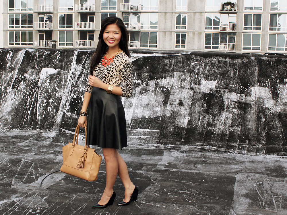 Jenny in Jacquard; NYC fashion blogger; style blog; outfit photo; J.Crew factory leopard Charley sweater; Stella; Kirna Zabete x Target a-line black leather skirt; Stella & Dot Olivia bib necklace; Coach Candace carryall tote; C.Wonder calf hair skinny bangle; CC Skye geometric gold bracelet; Pour la Victoire Mai wedge in patent leather black