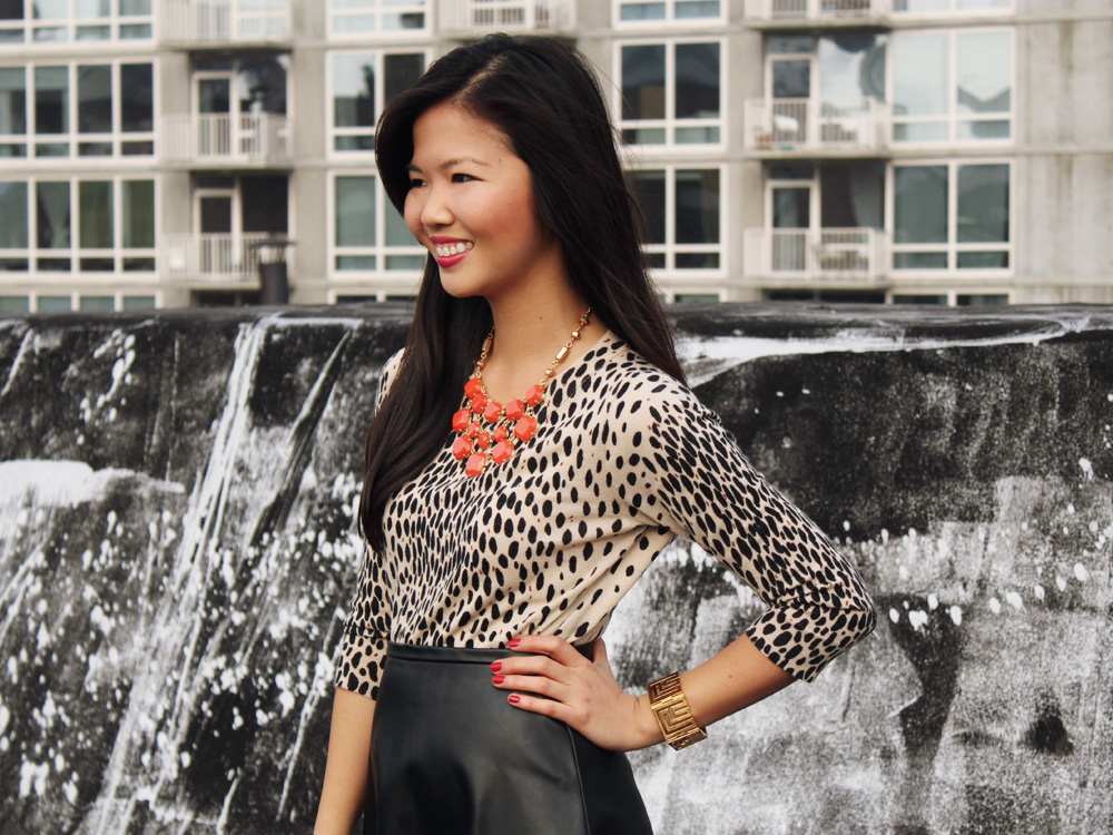 Jenny in Jacquard; NYC fashion blogger; style blog; outfit photo; J.Crew factory leopard Charley sweater; Stella; Kirna Zabete x Target a-line black leather skirt; Stella & Dot Olivia bib necklace; Coach Candace carryall tote; C.Wonder calf hair skinny bangle; CC Skye geometric gold bracelet; Pour la Victoire Mai wedge in patent leather black