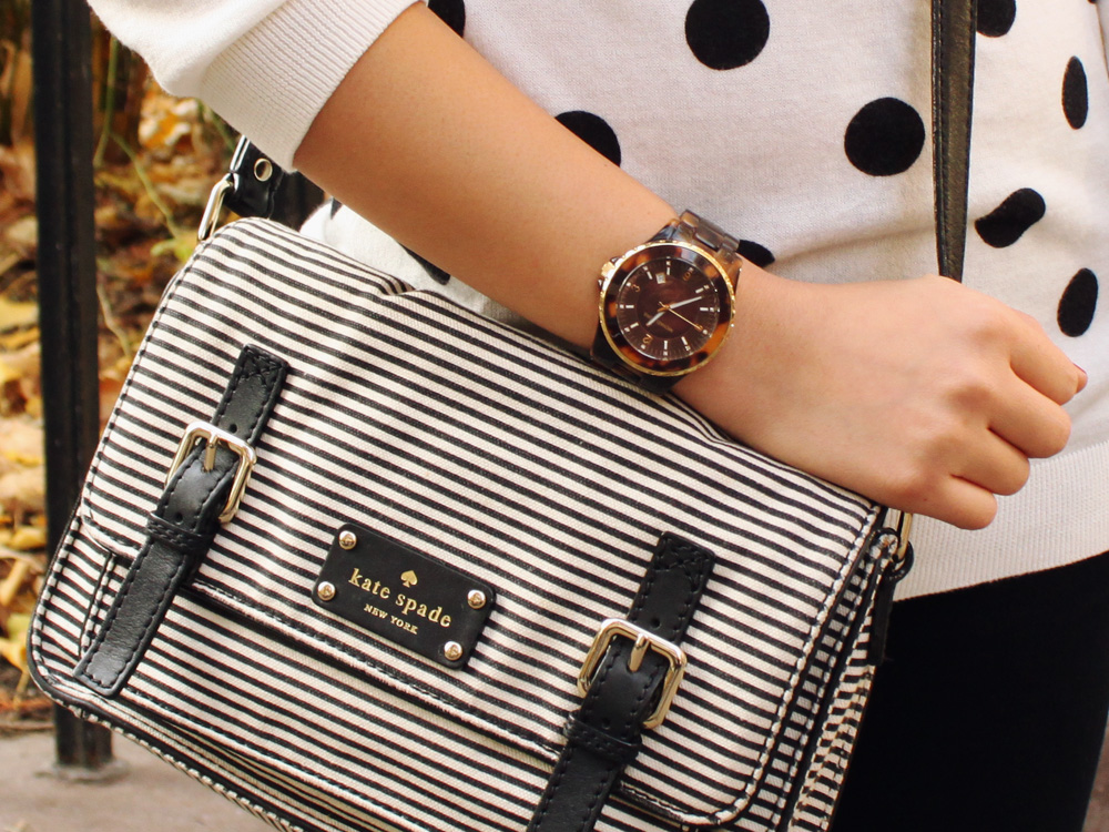 Jenny in Jacquard; NYC fashion blogger; style blog; outfit photos; Old Navy black and white polka dot sweater; Zara black skinny jeggings; Kate Spade black and white striped Scout crossbody bag; KTownsend Etsy black and gold bangles; ShoeMint Hilary bow flat in oxblood; Michael Kors tortoise gold boyfriend watch