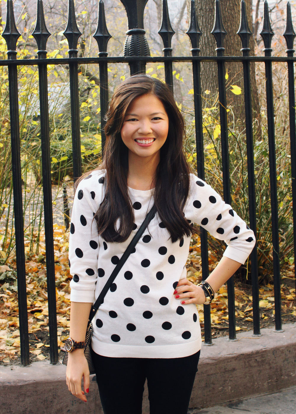 Jenny in Jacquard; NYC fashion blogger; style blog; outfit photos; Old Navy black and white polka dot sweater; Zara black skinny jeggings; Kate Spade black and white striped Scout crossbody bag; KTownsend Etsy black and gold bangles; ShoeMint Hilary bow flat in oxblood; Michael Kors tortoise gold boyfriend watch