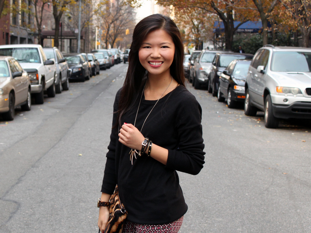 Jenny in Jacquard; NYC fashion blogger; style blog; Old Navy black sweater; H&M printed pants; Sequin talon necklace; Rebecca Minkoff tiger print MAC clutch; Pour la Victoire Mai wedge in black patent; Michael Kors tortoise gold boyfriend watch; Juicy Couture pave pyramid bracelet; C.Wonder skinny calf hair bangle; KTownesend black and gold skinny bangles