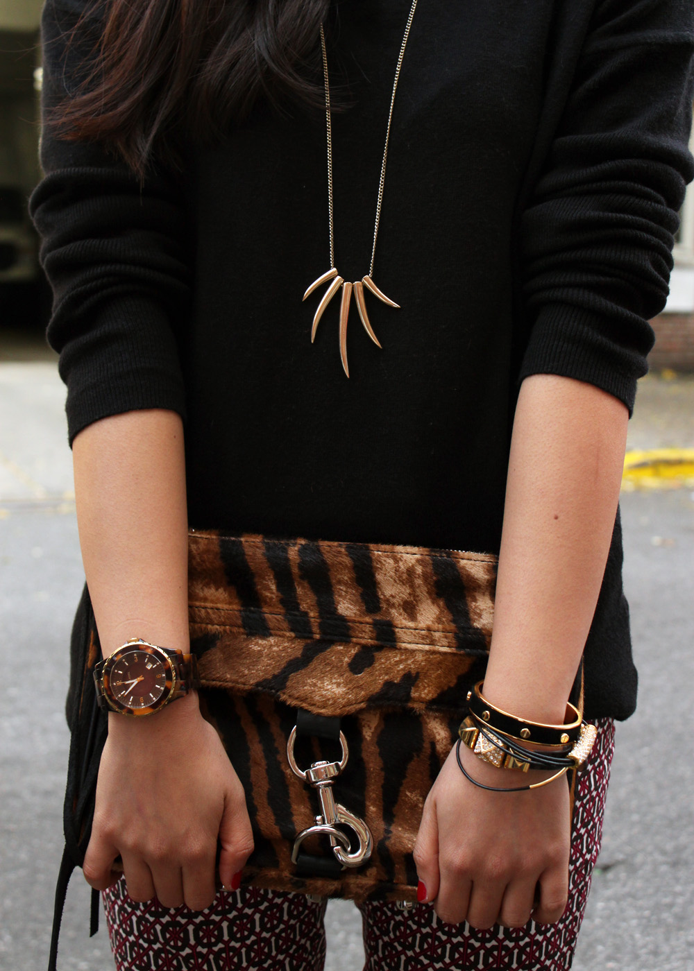 Jenny in Jacquard; NYC fashion blogger; style blog; Old Navy black sweater; H&M printed pants; Sequin talon necklace; Rebecca Minkoff tiger print MAC clutch; Pour la Victoire Mai wedge in black patent; Michael Kors tortoise gold boyfriend watch; Juicy Couture pave pyramid bracelet; C.Wonder skinny calf hair bangle; KTownesend black and gold skinny bangles