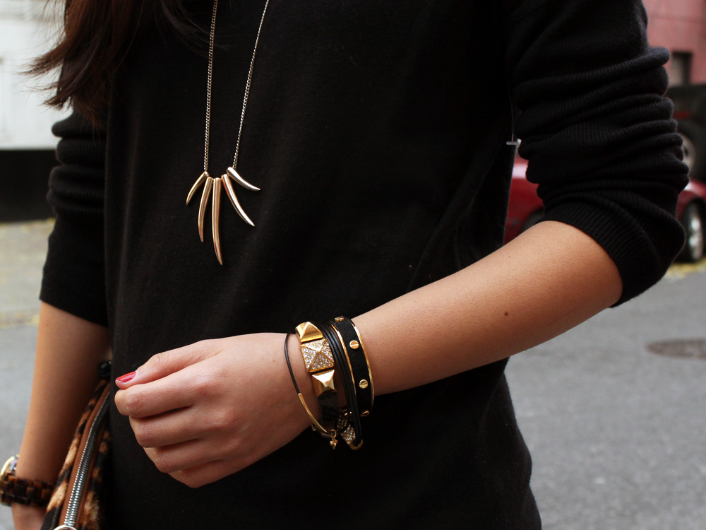 Jenny in Jacquard; NYC fashion blogger; style blog; Old Navy black sweater; H&M printed pants; Sequin talon necklace; Rebecca Minkoff tiger print MAC clutch; Pour la Victoire Mai wedge in black patent; Michael Kors tortoise gold boyfriend watch; Juicy Couture pave pyramid bracelet; C.Wonder skinny calf hair bangle; KTownesend black and gold skinny bangles