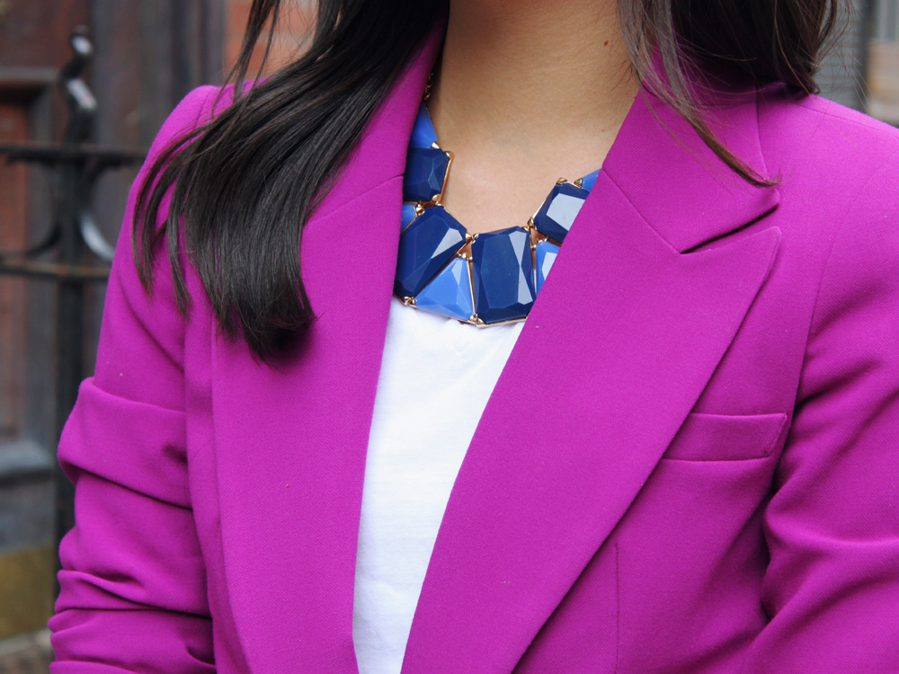Jenny in Jacquard; NYC fashion blogger; style blog; outfit photo; Forever 21 purple blazer; H&M white v-neck t-shirt; J Brand 811 skinny jeans; Coach Candace carryall tote in camel; Crown and Glitter blue statement necklace; Juicy Couture gold pave pyramid stud cuff; Pour la Victoire Mai wedge
