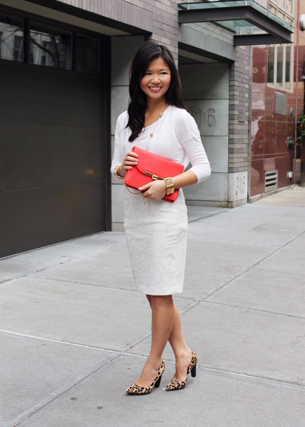 Jenny in Jacquard; NYC fashion blogger; style blog; outfit photo; how to wear white in the winter; Zara cream relaxed long sleeve tee; Zara cream lace pencil skirt; C.Wonder red and cold clutch; Kate Spade gold orb necklace; Diane von Furstenberg DVF April pump high heel in leopard calf hair