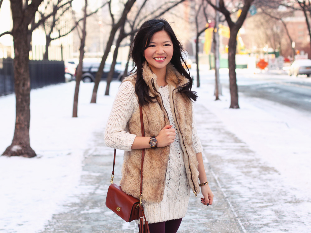 Jenny in Jacquard; NYC fashion blogger; style blog; outfit photo; winter outfit; Zara cream sweater knit dress; Zara Girl faux fur vest; Forever 21 maroon oxblood leggings; Sperry Top-Sider x J.Crew Shearwater snow boots; Coach Legacy Penny crossbody bag in cognac; Michael Kors tortoise gold boyfriend watch; Sequin heart necklace