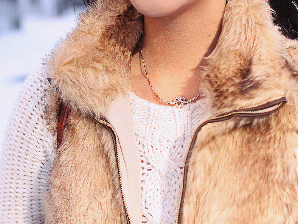 Jenny in Jacquard; NYC fashion blogger; style blog; outfit photo; winter outfit; Zara cream sweater knit dress; Zara Girl faux fur vest; Forever 21 maroon oxblood leggings; Sperry Top-Sider x J.Crew Shearwater snow boots; Coach Legacy Penny crossbody bag in cognac; Michael Kors tortoise gold boyfriend watch; Sequin heart necklace