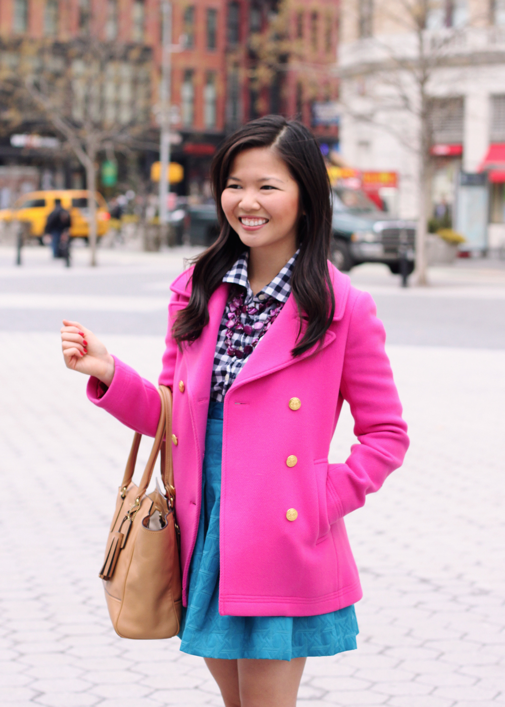 Skirt The Rules; NYC fashion blogger; style blog; how to transition from winter to spring; J.Crew hot pink majesty stadium cloth coat; J.Crew Factory navy gingham button up shirt; Kirna Zabete for Target turquoise jacquard skirt; Coach Candace carryall tote in camel; New York & Co. purple stone necklace; C. Wonder snake skinny cuff; Pour La Victoire Mai wedge