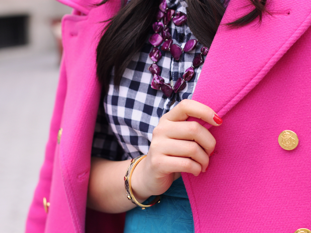 Skirt The Rules; NYC fashion blogger; style blog; how to transition from winter to spring; J.Crew hot pink majesty stadium cloth coat; J.Crew Factory navy gingham button up shirt; Kirna Zabete for Target turquoise jacquard skirt; Coach Candace carryall tote in camel; New York & Co. purple stone necklace; C. Wonder snake skinny cuff; Pour La Victoire Mai wedge