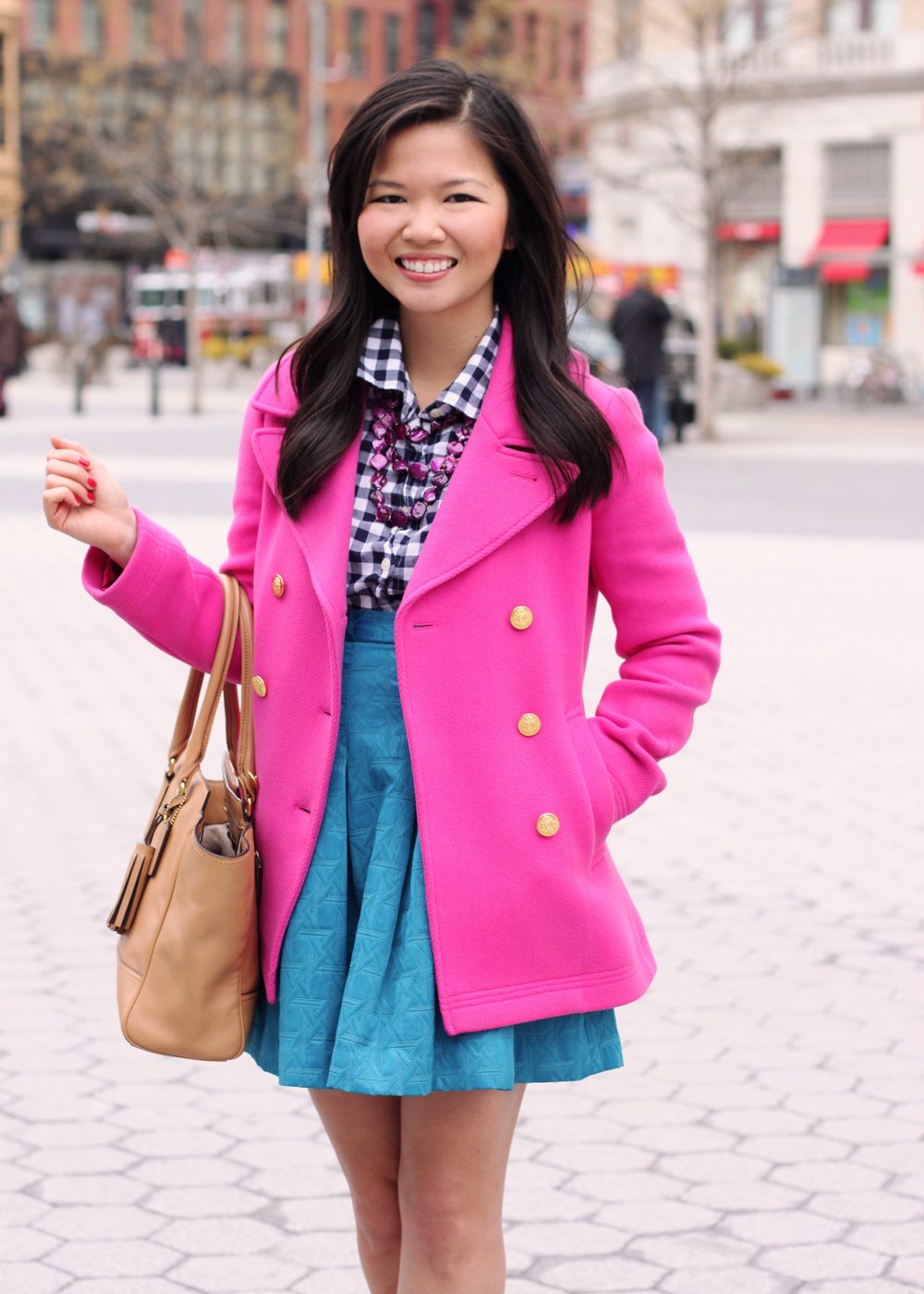 Skirt The Rules; NYC fashion blogger; style blog; how to transition from winter to spring; J.Crew hot pink majesty stadium cloth coat; J.Crew Factory navy gingham button up shirt; Kirna Zabete for Target turquoise jacquard skirt; Coach Candace carryall tote in camel; New York & Co. purple stone necklace; C. Wonder snake skinny cuff; Pour La Victoire Mai wedge