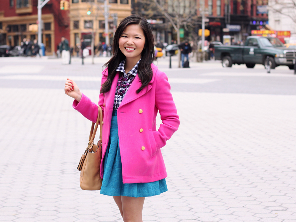 Skirt The Rules; NYC fashion blogger; style blog; how to transition from winter to spring; J.Crew hot pink majesty stadium cloth coat; J.Crew Factory navy gingham button up shirt; Kirna Zabete for Target turquoise jacquard skirt; Coach Candace carryall tote in camel; New York & Co. purple stone necklace; C. Wonder snake skinny cuff; Pour La Victoire Mai wedge
