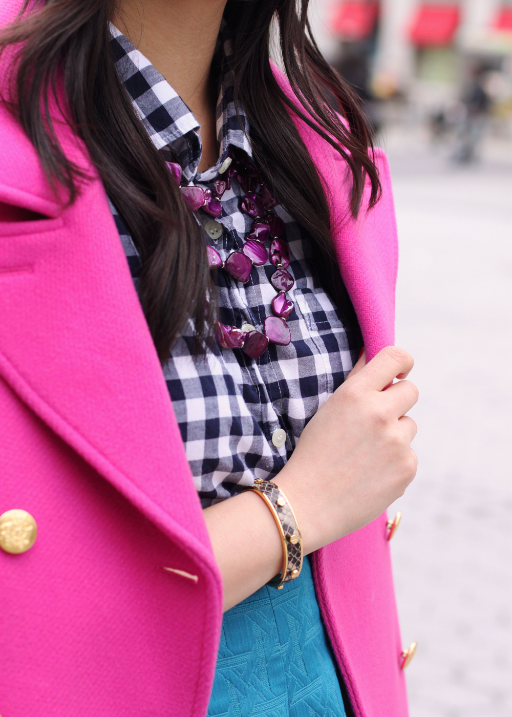 Skirt The Rules; NYC fashion blogger; style blog; how to transition from winter to spring; J.Crew hot pink majesty stadium cloth coat; J.Crew Factory navy gingham button up shirt; Kirna Zabete for Target turquoise jacquard skirt; Coach Candace carryall tote in camel; New York & Co. purple stone necklace; C. Wonder snake skinny cuff; Pour La Victoire Mai wedge