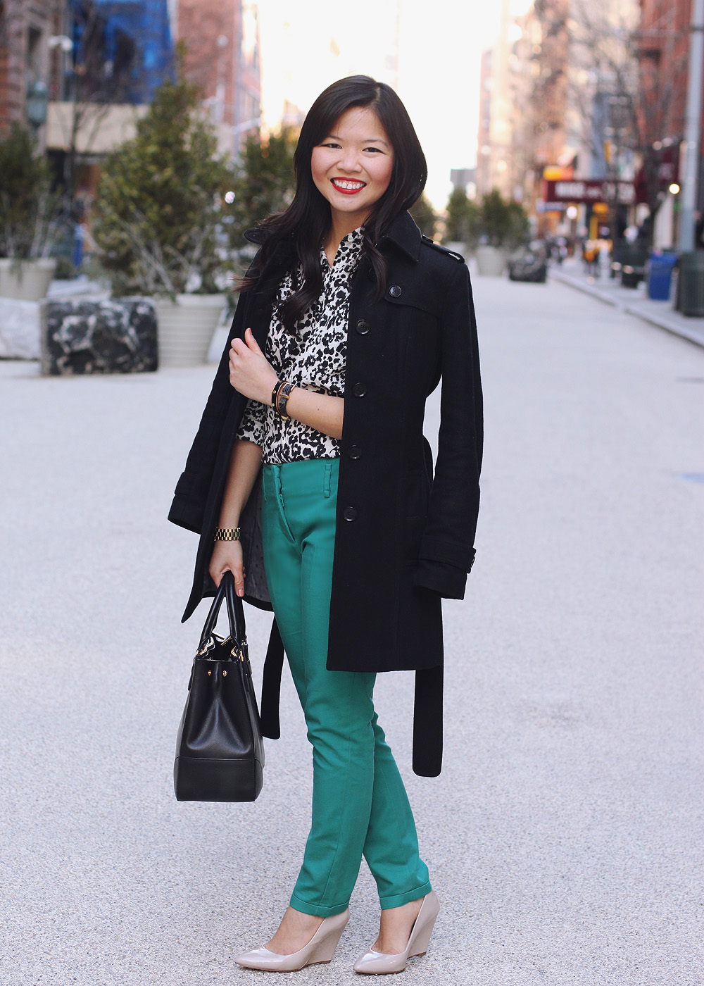 Skirt The Rules Blog; NYC fashion blogger; style blog; winter outfit photos; J.Crew snow leopard button up shirt; Zara turquoise basic capri; Pour La Victoire Mai wedge neutrals; Banana Republic black wool trench coat; Michael Kors gold mother of pearl boyfriend watch; Juicy Couture pave pyramid snake embossed leather bracelet; C. Wonder black calf hair skinny bangle; Tory Burch Robinson leather satchel tote