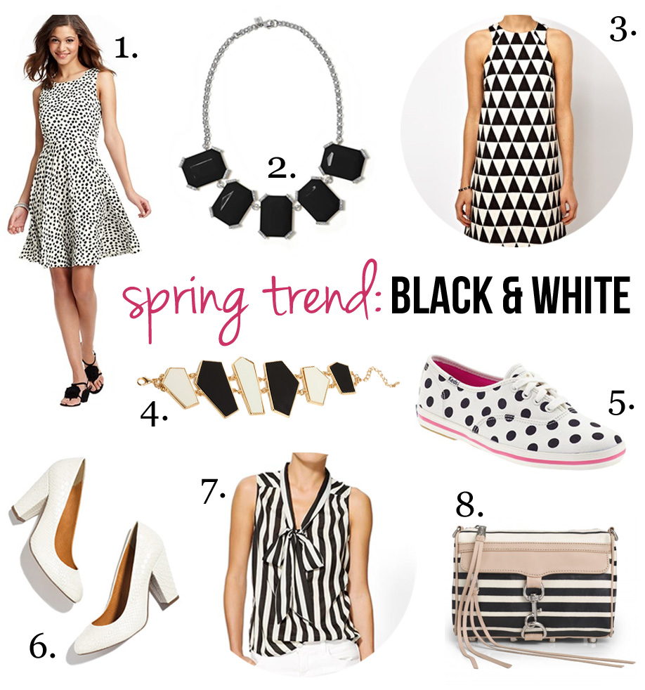 Skirt The Rules Blog; NYC fashion blogger; style blog; spring 2013 trend - black and white; online shopping; style collage; LOFT  Product detail search form Delightful Dot Print Full Skirt Dress; Banana Republic Sparkle stone necklace; ASOS ASOS Shift Dress In Triangle Jacquard; BaubleBar Piano Penta Bracelet; Madewell the frankie pump in snakeprint; Tinley Road Bow Blouse; Keds for Kate Spade New York Polka Dot Kicks; Rebecca Minkoff Mini M.A.C. black and white stripes 