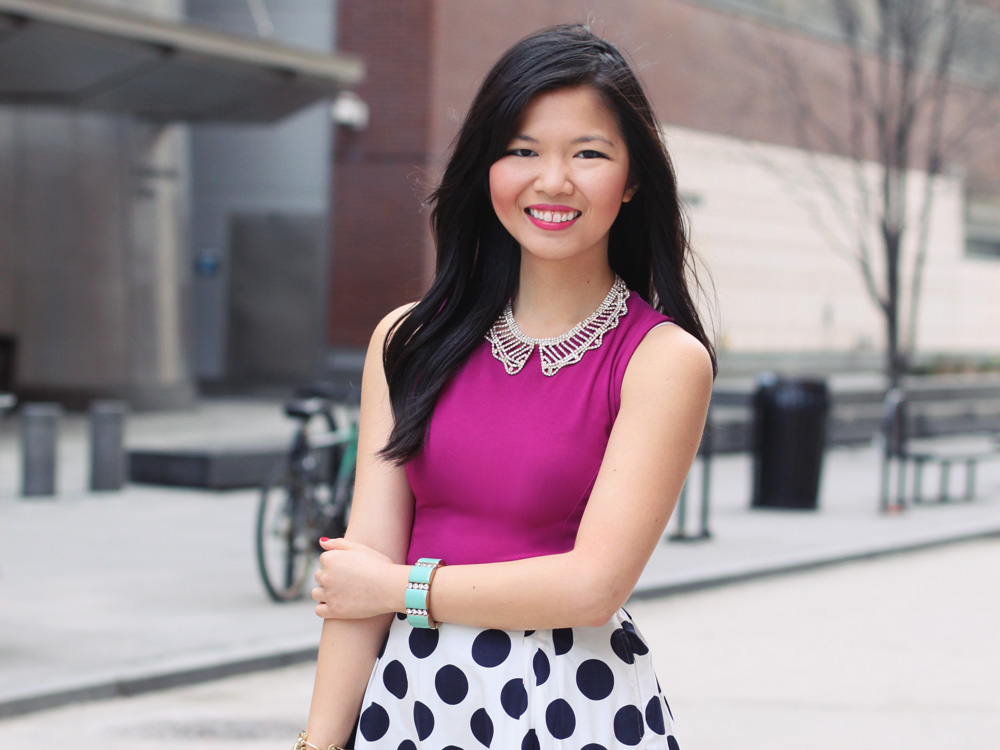 Skirt The Rules Blog; NYC fashion blogger; style blog; spring outfit photos; Topshop fuschia peplum top; J.Crew Factory Crew Cuts polka dot skirt; JewelMint jeweled collar necklace; Michael Kors gold mother of pearl boyfriend watch; BaubleBar arrow bangle; C. Wonder snakeskin skinny bracelet; J.Crew turquoise stretch bracelet; Kate Spade City Stripe Sidney tote bag; Pour La Victoire Mai patent leather wedge pump