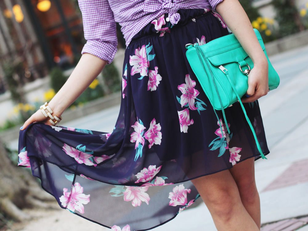 Skirt The Rules Blog; NYC fashion blogger; style blog; spring outfit photos; J.Crew Factory purple gingham shirt; Love Culture Floral Print High Low Dress; Rebecca Minkoff Turquoise MAC Clutch; BaubleBar pink tab necklace; J.Crew pave square link bracelet; Essie Butler Please; Sam Edelman colorblock wedge