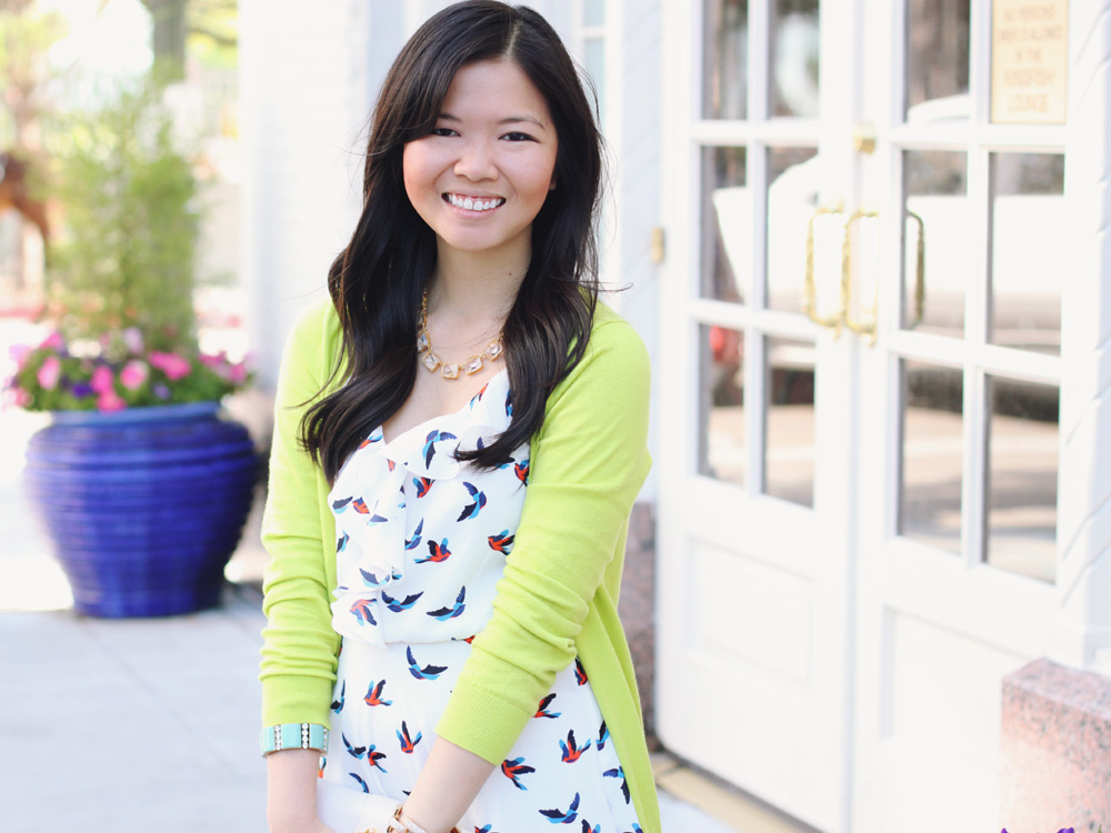 Skirt The Rules Blog; NYC fashion blogger; style blog; spring outfit photo; Gap Luxlight V Neck Neon Cardigan; Bird Print Dress; Michael Kors leather straw clutch; C. Wonder crystal necklace; J.Crew turquoise stretch bracelet; J.Crew pave square link bracelet; C. Wonder snakeskin skinny cuff; BaubleBar arrow cuff; Madewell Broadway brown leather sandals