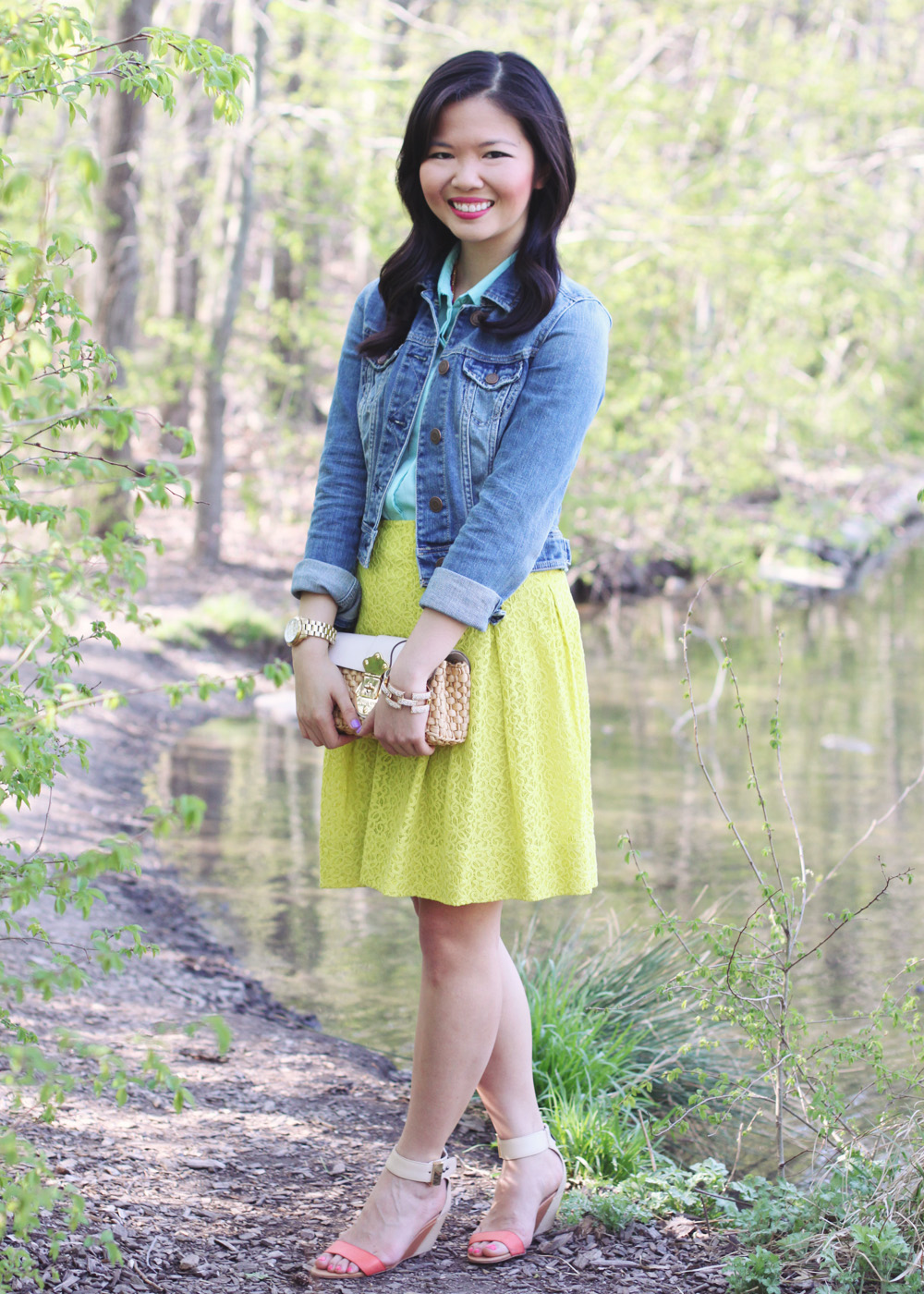 Skirt The Rules Blog; NYC fashion blog; style blog; spring outfit photos; neon and pastels; American Eagle jean jacket; Tobi mint button up blouse; Anthropologie neon lace skirt; BaubleBar pink tab necklace; Michael Kors straw clutch; Michael Kors gold mother of pearl BF watch; J.Crew pave square link bracelet; Essie's Play date; Sam Edelman color block watch