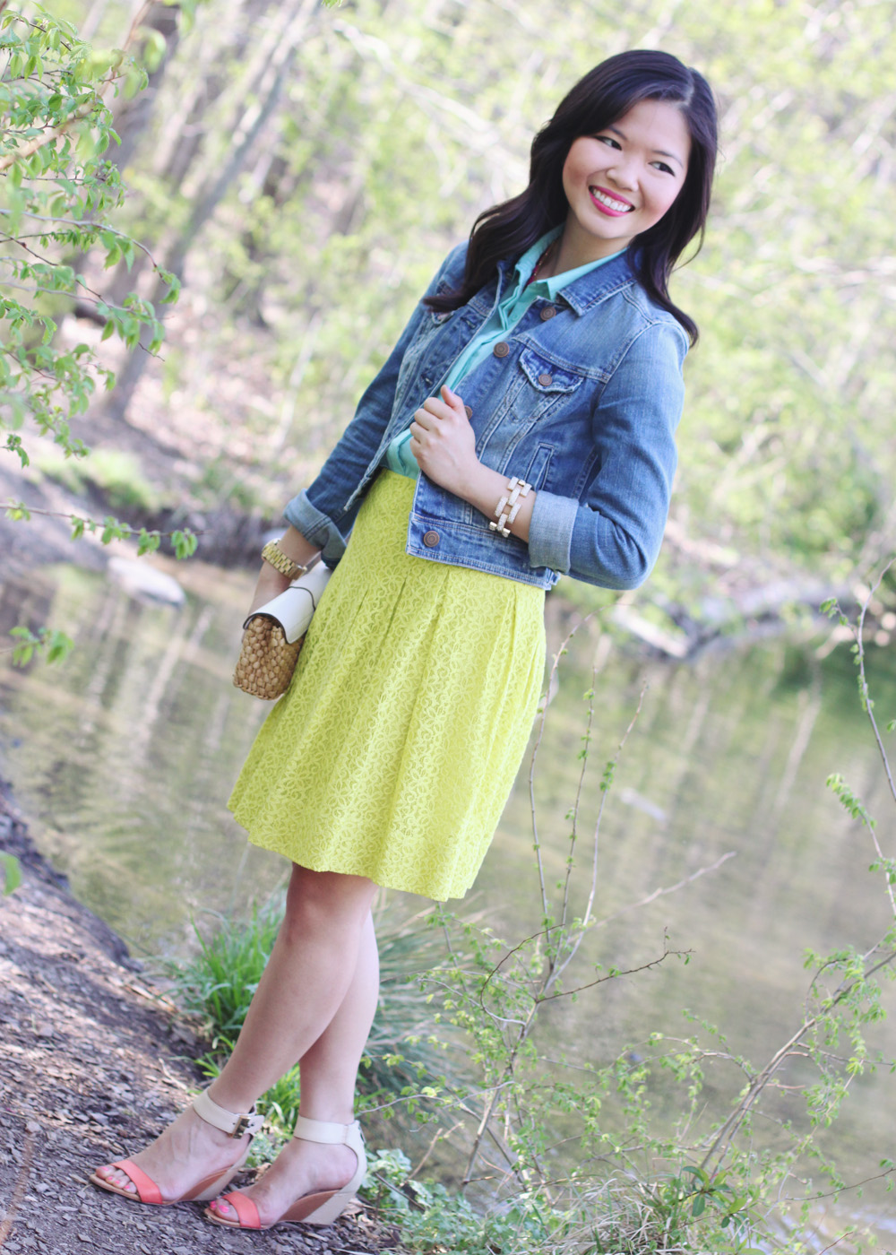 Skirt The Rules Blog; NYC fashion blog; style blog; spring outfit photos; neon and pastels; American Eagle jean jacket; Tobi mint button up blouse; Anthropologie neon lace skirt; BaubleBar pink tab necklace; Michael Kors straw clutch; Michael Kors gold mother of pearl BF watch; J.Crew pave square link bracelet; Essie's Play date; Sam Edelman color block watch