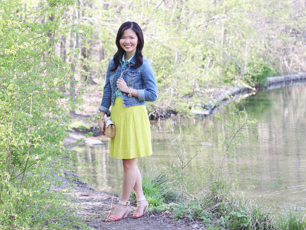 Skirt The Rules Blog; NYC fashion blog; style blog; spring outfit photos; neon and pastels; American Eagle jean jacket; Tobi mint button up blouse; Anthropologie neon lace skirt; BaubleBar pink tab necklace; Michael Kors straw clutch; Michael Kors gold mother of pearl BF watch; J.Crew pave square link bracelet; Essie's Play date; Sam Edelman color block watch
