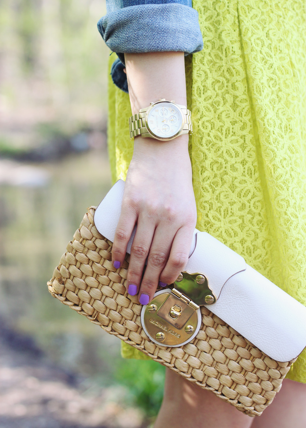 Skirt The Rules Blog; NYC fashion blog; style blog; spring outfit photos; neon and pastels; American Eagle jean jacket; Tobi mint button up blouse; Anthropologie neon lace skirt; BaubleBar pink tab necklace; Michael Kors straw clutch; Michael Kors gold mother of pearl BF watch; J.Crew pave square link bracelet; Essie's Play date; Sam Edelman color block watch