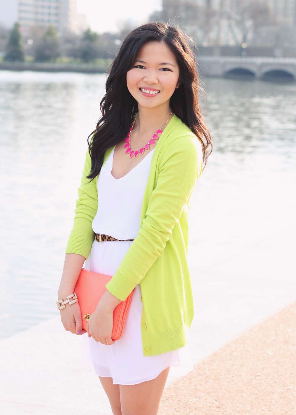 Skirt The Rules Blog; NYC fashion blogger; style blog; spring outfit photo; Tobi white square one spring dress; Gap luxlight vneck cardigan in neon green thumb; BaubleBar pink tab necklace; C. Wonder leopard calf hair belt; J.Crew pave square link bracelet; J.Crew neon rose crossbody bag worn as clutch; Sam Edelman wedges